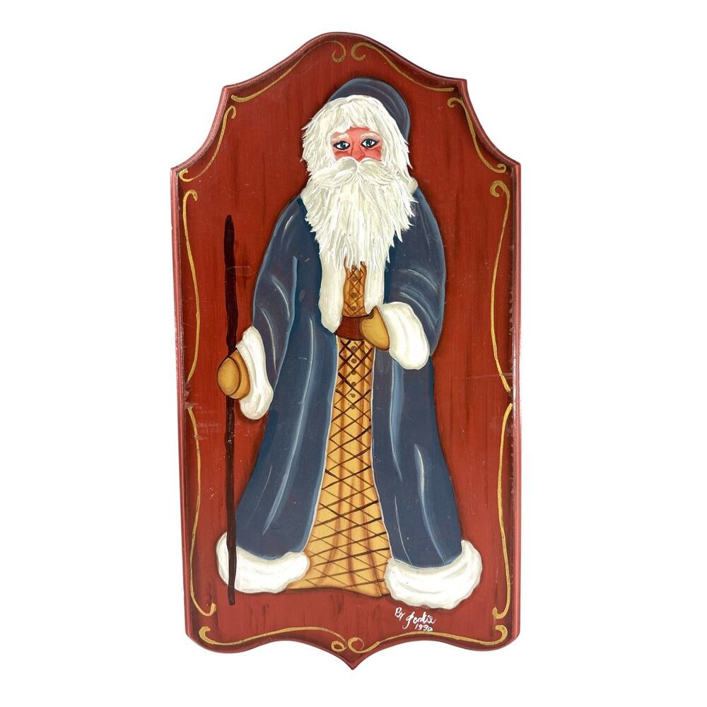 Folk Art Santa Claus Hand Painted Wooden Wall Plaque Signed Forkie 1990 16.5” - Picture 3 of 8